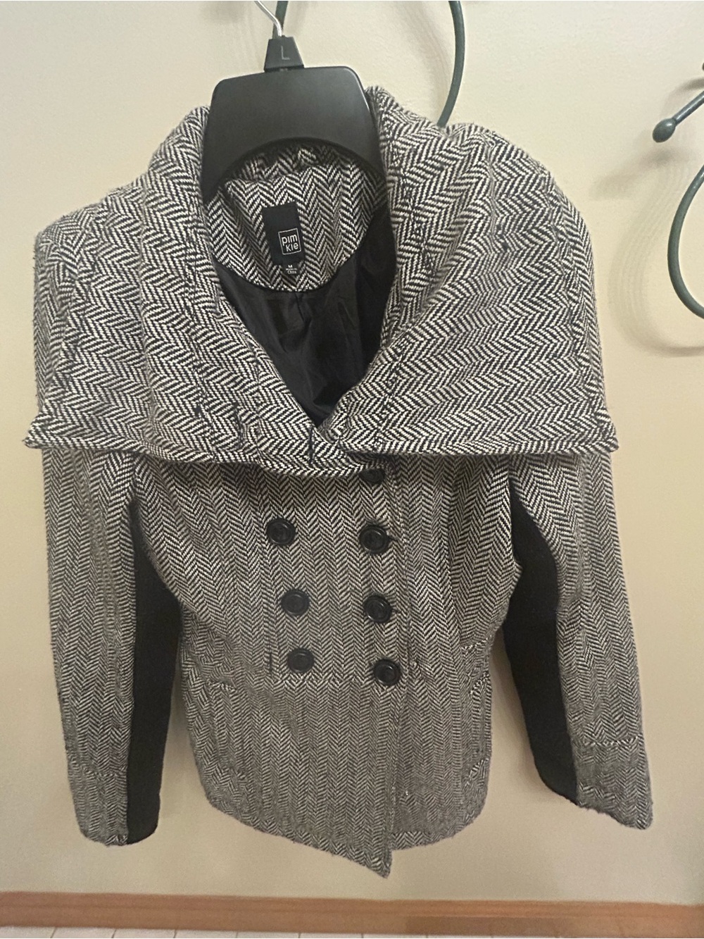 bebe Black & White Herringbone Double-Breasted Pea Coat